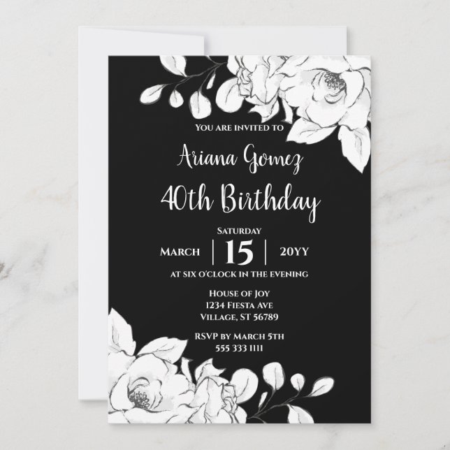 Chic Modern Black And White Floral 40th Birthday  Invitation (Front)
