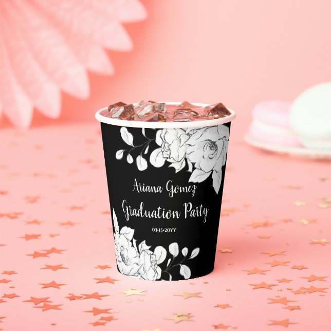 Chic Modern Black And White Floral Graduation Paper Cups (Insitu)