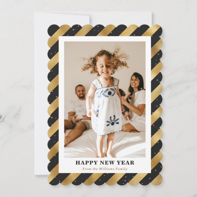 Chic Modern Black Gold Photo Happy New Year Card (Front)