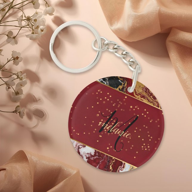 Chic modern Black grey marble gold monogram  Key Ring (Creator Uploaded)