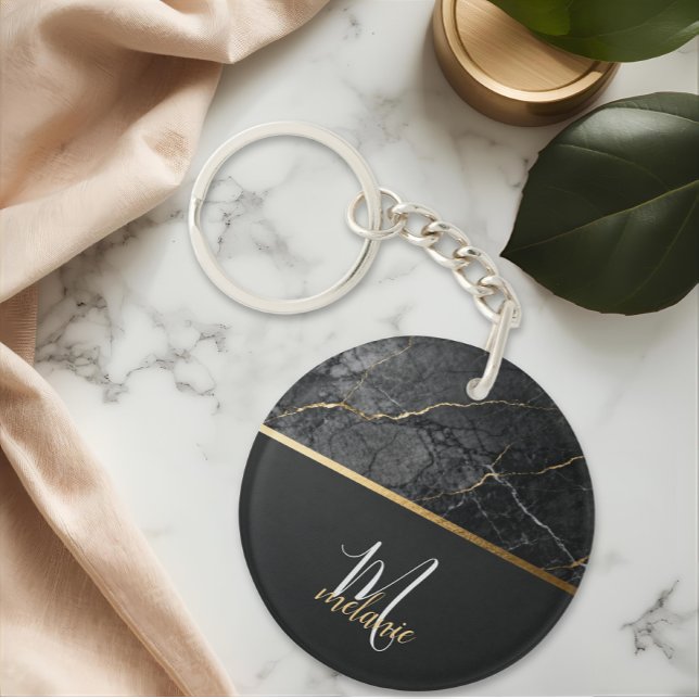 Chic modern Black grey marble gold monogram  Key Ring (Creator Uploaded)