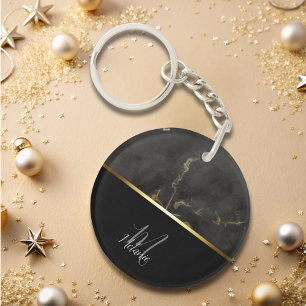 Chic modern Black grey marble gold monogram Key Ring