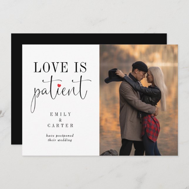 Chic Modern Black Love Is Patient Typography Photo Invitation (Front/Back)