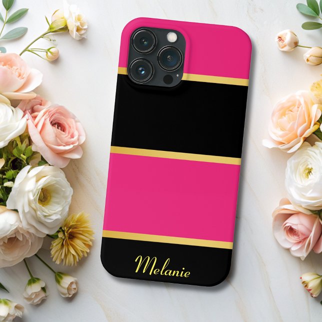 Chic Modern black pink Stripes Pattern with Name  Case-Mate iPhone Case (Creator Uploaded)