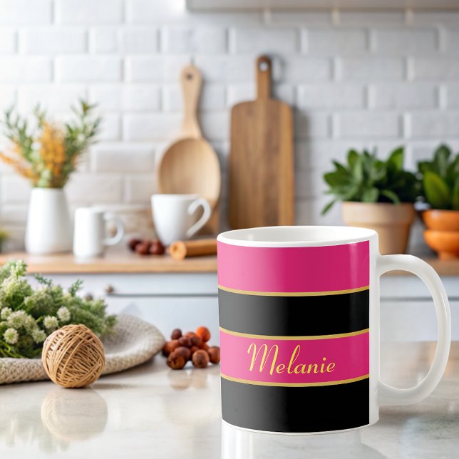 Chic Modern black pink Stripes Pattern with Name  Coffee Mug (Creator Uploaded)