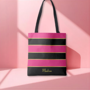 Chic Modern black pink Stripes Pattern with Name  Tote Bag