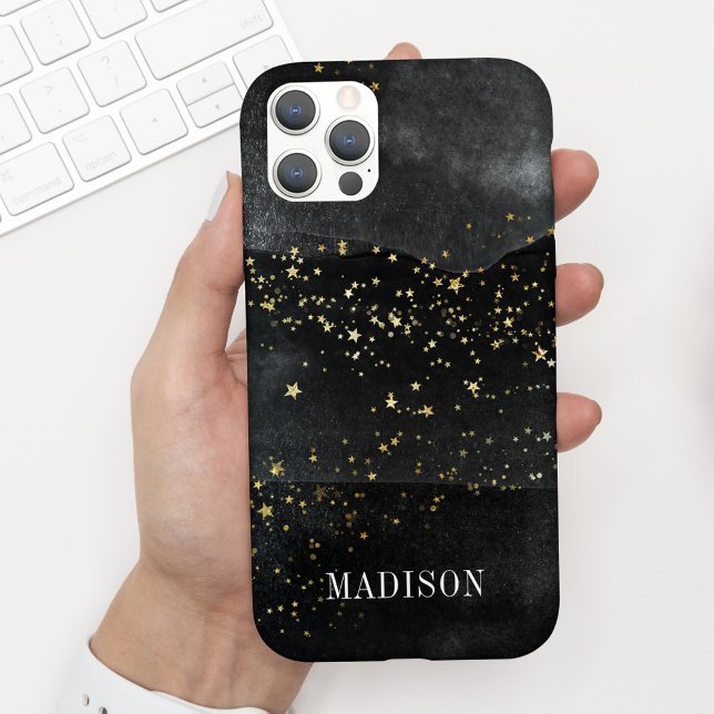 Chic Modern Black Watercolor Gold Stars w/ Name Case-Mate iPhone Case (Creator Uploaded)