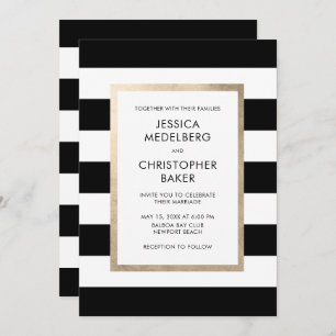 Chic Modern Black White Stripe Rose Gold Wedding Invitation