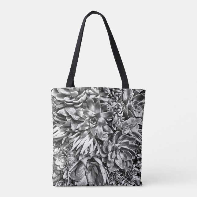 Chic Modern Black & White Succulent photo pattern Tote Bag (Back)