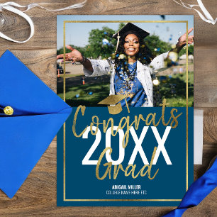 Chic Modern Blue And Gold Script Graduation Announcement