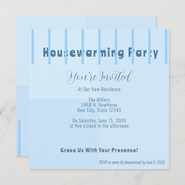 Chic Modern Blue Fence Housewarming Party Invite (Front/Back)