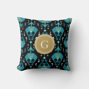 Chic modern blue ikat tribal pattern monogram cushion