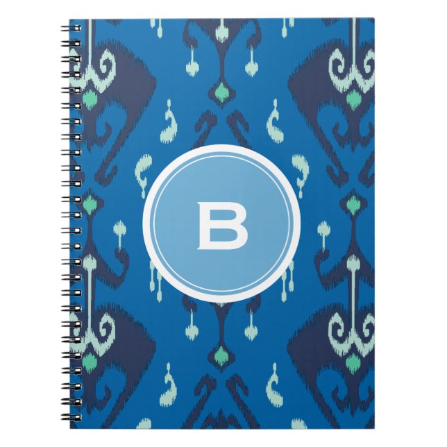 Chic modern blue ikat tribal pattern monogram notebook (Front)