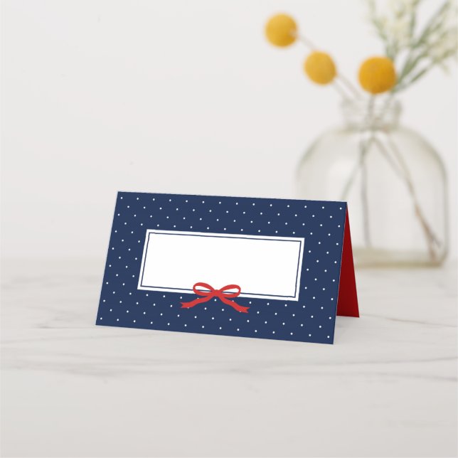 Chic Modern Blue Polka Dot with Red Ribbon Place Card (Front)