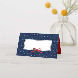 Chic Modern Blue Polka Dot with Red Ribbon Place Card
