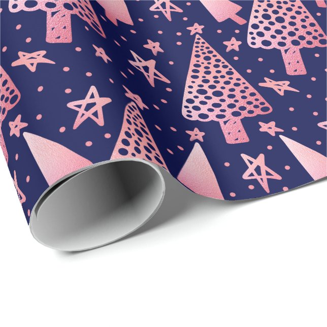 Chic Modern Blush Pink Pine Trees Stars Christmas Wrapping Paper (Roll Corner)
