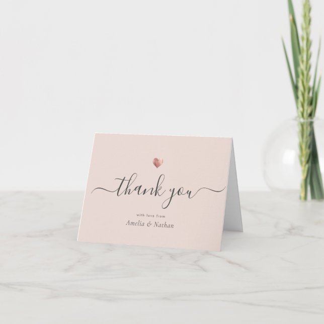 Chic Modern Blush Pink Script  Rose Gold Heart Thank You Card (Front)