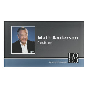 Chic Modern Business Photo Logo Qrcode Black Blue Name Tag