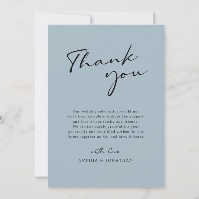 Chic Modern Calligraphy Dusty Blue Simple Wedding Thank You Card (Front)