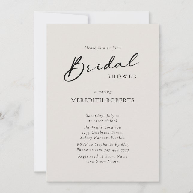 Chic Modern Calligraphy Simple Bridal Shower Invitation (Front)