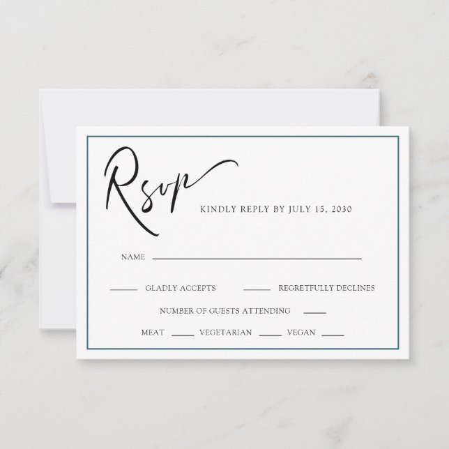 Chic Modern Calligraphy Teal Blue Wedding RSVP Card (Front)