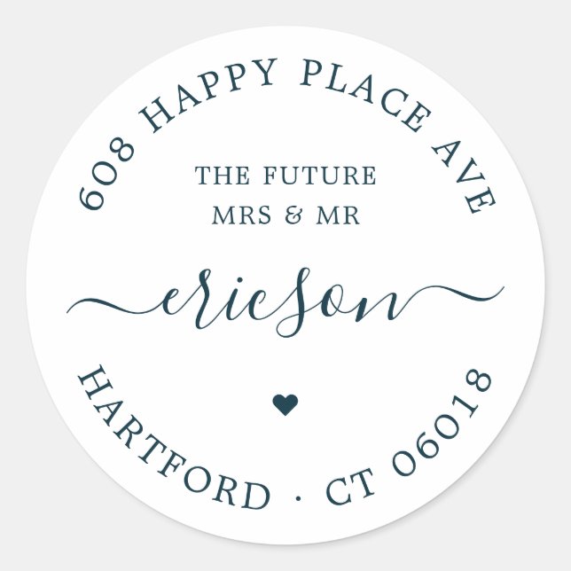 Chic Modern Calligraphy The Future Wedding Address Classic Round Sticker (Front)
