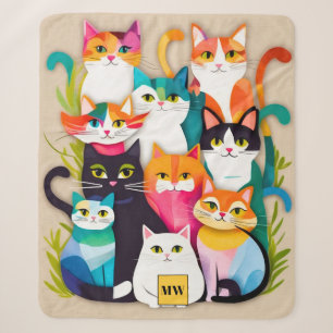 Chic modern colourful cat collage monogram sherpa blanket