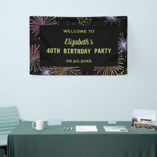 Chic Modern Colourful Fireworks Black Birthday Banner