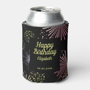 Chic Modern Colourful Fireworks Black Birthday Can Cooler