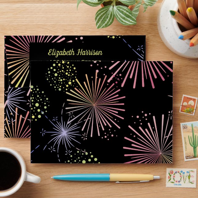 Chic Modern Colourful Fireworks Black Birthday  Envelope (Desk)