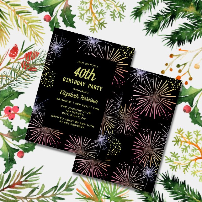 Chic Modern Colourful Fireworks Black Birthday  Invitation (Creator Uploaded)