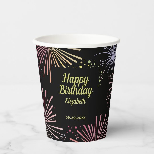 Chic Modern Colourful Fireworks Black Birthday  Paper Cups (Front)