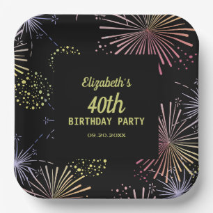 Chic Modern Colourful Fireworks Black Birthday  Paper Plate