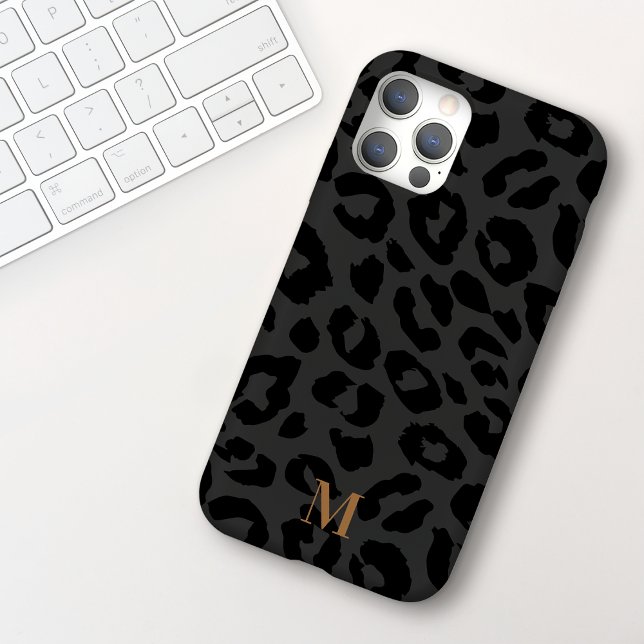 Chic Modern Dark Grey Black Leopard Print Monogram iPhone 15 Case (Creator Uploaded)