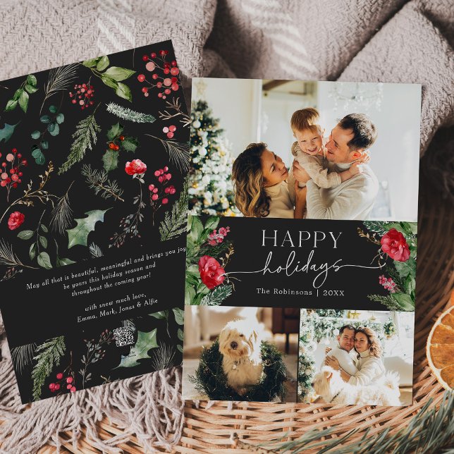 Chic Modern Dark Grey Winter Botanical 3 Photo Holiday Card (Creator Uploaded)