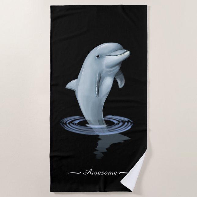 Chic Modern Dolphin & Script on Black Beach Towel (Front)