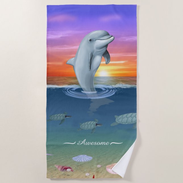 Chic Modern Dolphin, Turtles & Script on the Ocean Beach Towel (Front)