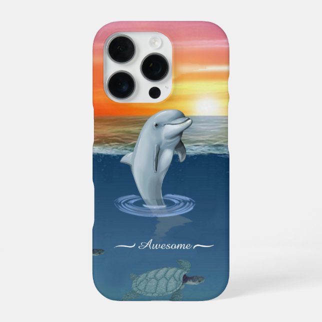 Chic Modern Dolphin, Turtles & Script on the Ocean iPhone Case (Back)