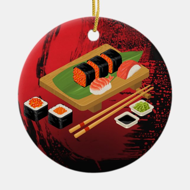 Chic Modern Elegant Black & Red Sushi Ceramic Ornament (Front)