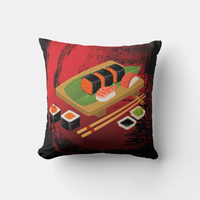 Chic Modern Elegant Black & Red Sushi Cushion (Front)