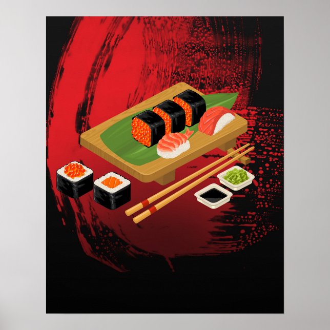 Chic Modern Elegant Black & Red Sushi Poster (Front)