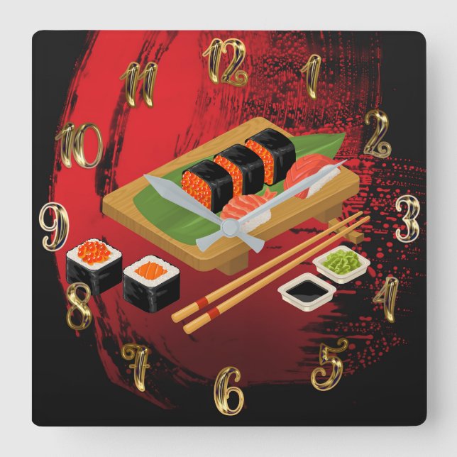 Chic Modern Elegant Black & Red Sushi Square Wall Clock (Front)