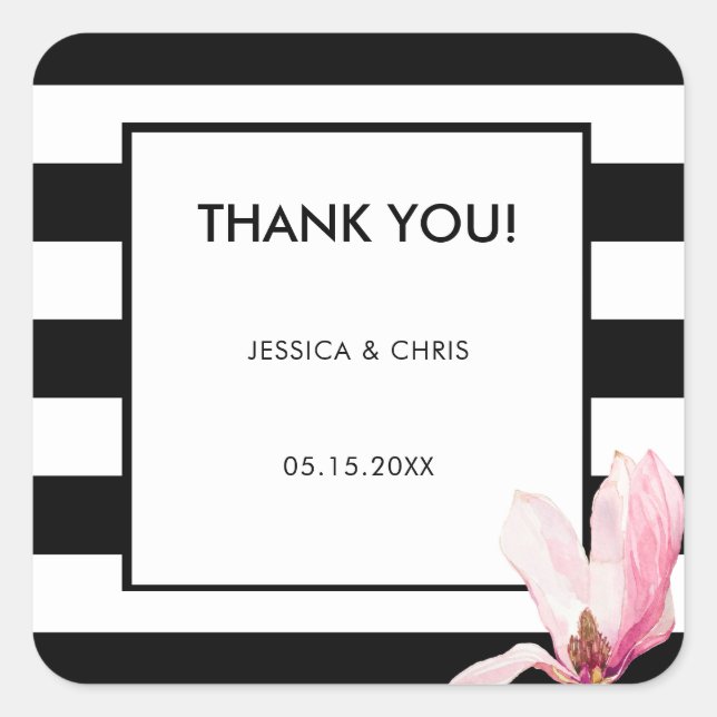 Chic Modern Elegant Black & White Stripe Magnolia Square Sticker (Front)
