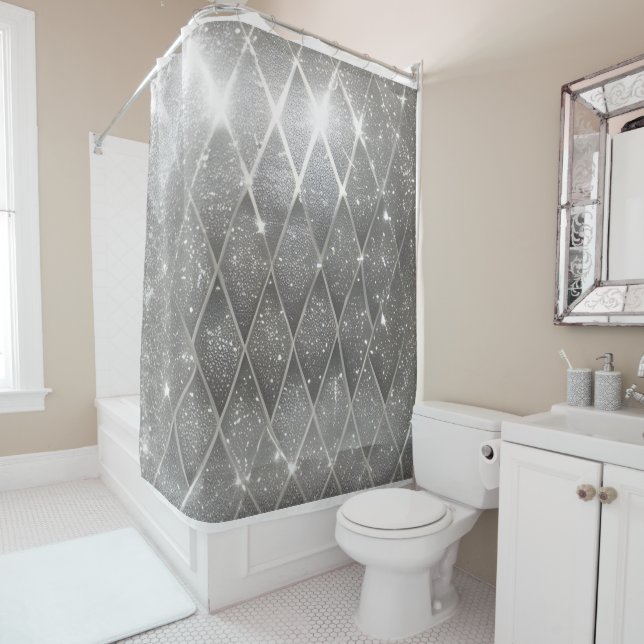 Chic Modern Faux Bling Sparkly Silver Shower Curtain (In Situ)