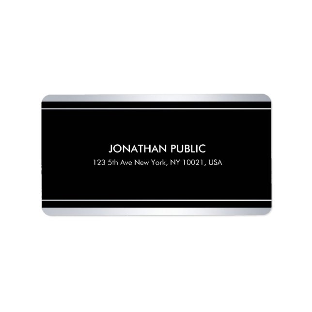 Chic Modern Faux Silver Black Plain Glam Address Label (Front)
