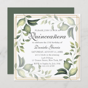 Chic Modern Floral Greenery Botanical Quiceanera Invitation