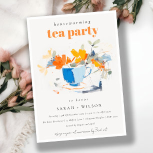 Chic Modern Floral Tea Cup Housewarming Tea Party Invitation