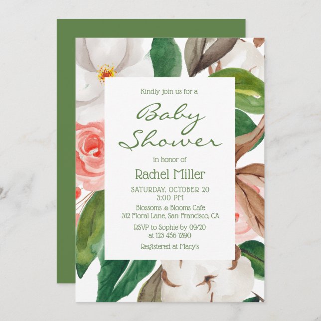 Chic Modern Floral Watercolor Baby Shower Invitation (Front/Back)