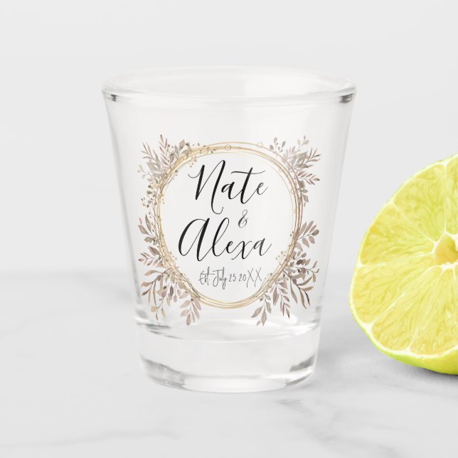 Chic Modern Floral Wreath Wedding Personalised  Shot Glass (Front)