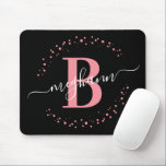 Chic Modern Girly Pink Black Name Script Monogram  Mouse Pad<br><div class="desc">Girly, modern, elegant, trendy, pink and black, white monogram initial name script custom personalised monogrammed mousepad. Featuring a monogram initial and a girly name script in a hand lettered calligraphy swash tail font and dotted circle frame around your monogram. Perfect feminine gift for girls, sister, mother, birthday, wedding, bridal shower,...</div>